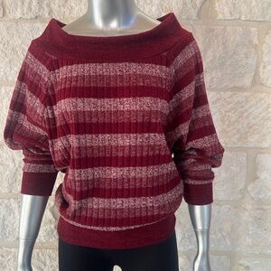 Burgundy Striped Off-Shoulder Sweater | Cozy Fall Winter Knit Top